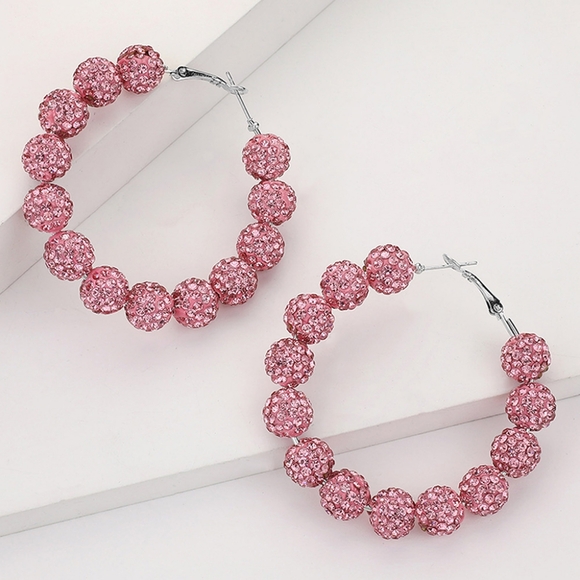Pink Shamballa 2.3" Disco Beads Hoop Earrings Cute Fashion Statement Jewelry - Picture 1 of 3
